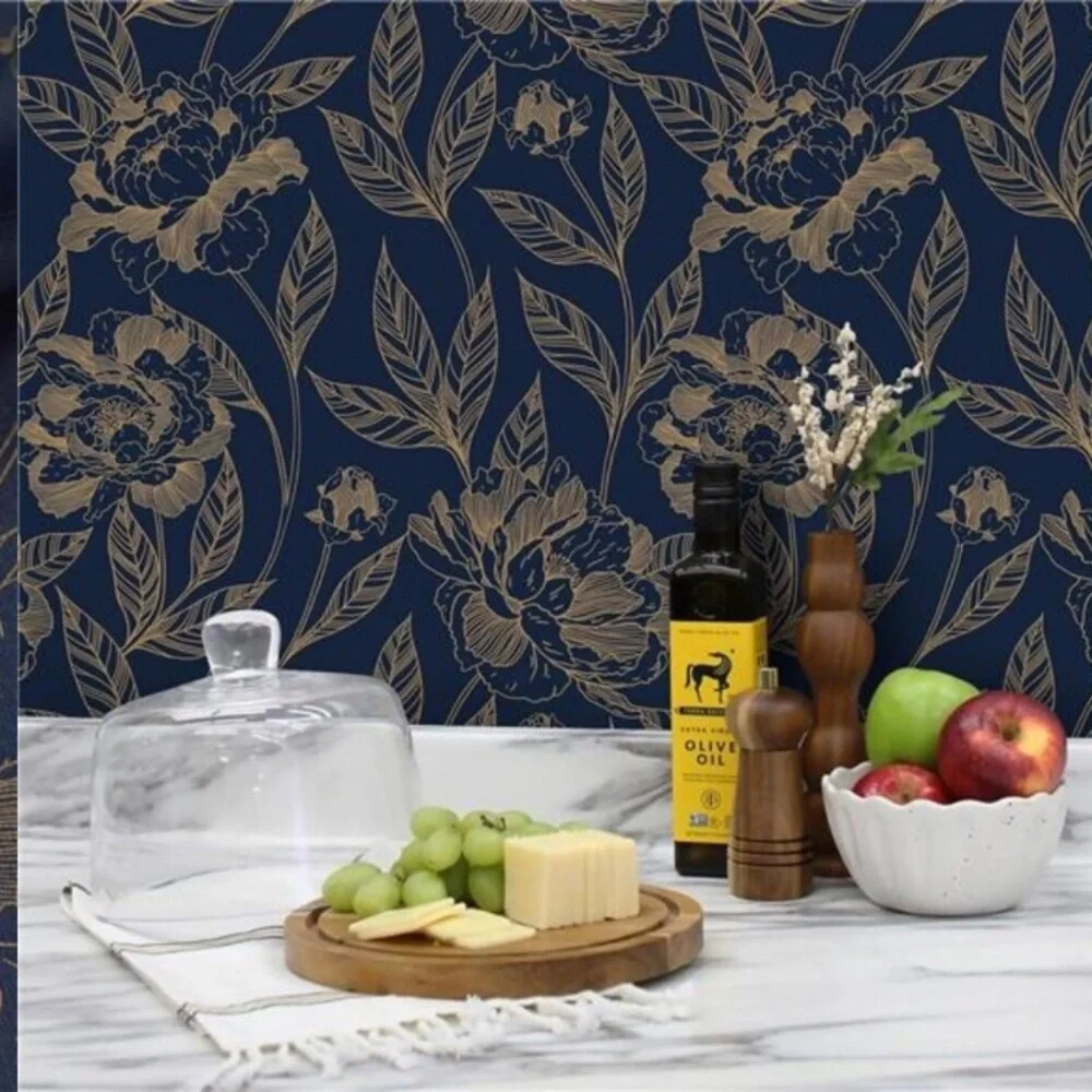 Vinjiasin Peel and Stick Wallpaper Blue and Gold Floral Contact Paper Modern